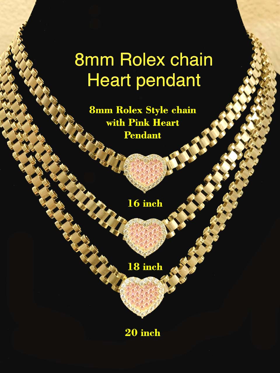 10K Rolex Style chain 8mm with Heart slider pendant